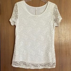 Ivory or Cream Short Sleeve Leo & Nicole Crochet Lace Overlay Top